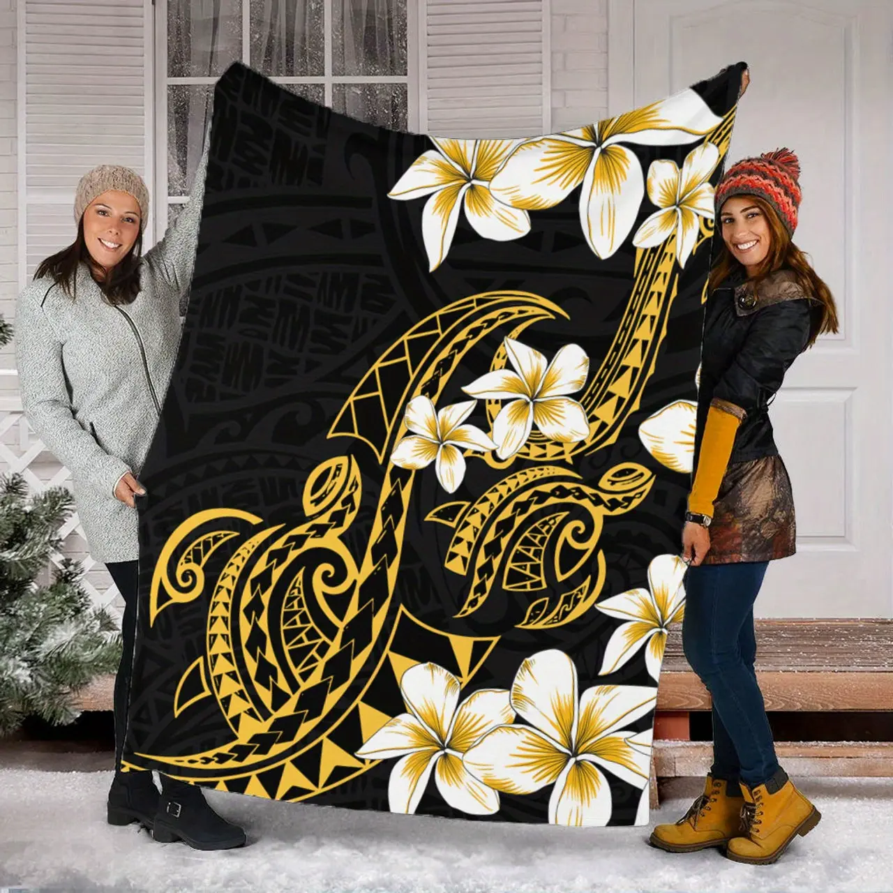 Luxurious Hawaiian Tribal Floral Throw Blanket - 100% Polyester, Bohemian Style, Floral Bedding, Modern Aesthetic, All Seasons, Machine Washable, Home/Travel Use