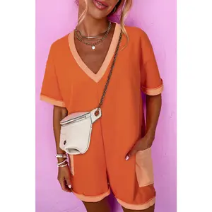 Russet Orange Two Tone Short Sleeve V Neck Patched Pocket Loose Romper