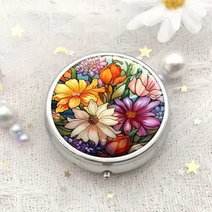 Floral Pattern Round Storage Box, Portable 3-grid Mini Storage Box, Travel Pill Box, Organizer for Home & Travel, Vitamin Organizer