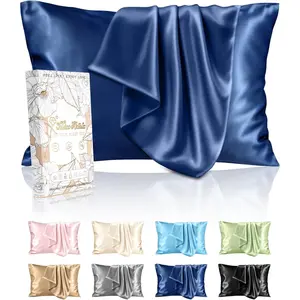 Silk Pillowcase 2 Pack - Pillow Standard Set of 2 Size 20" x 26" for Hair and Skin Soft Breathable with Hidden Zipper Cooling Pillow Covers for, Navy Blue