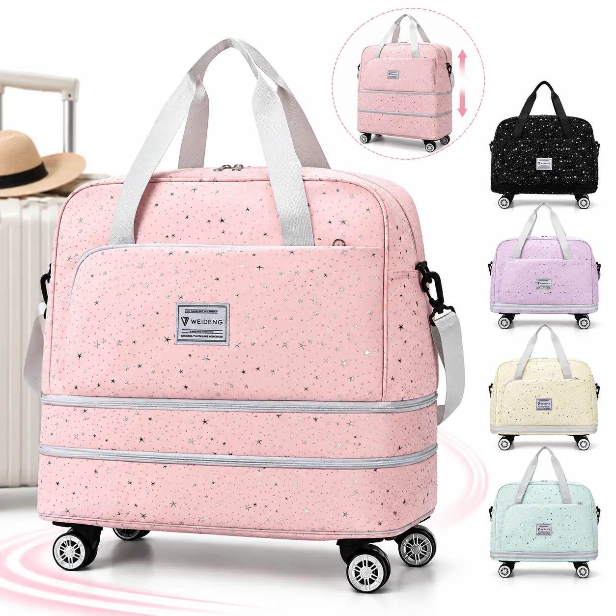 New Large Capacity Rolling Travel Bag, Expandable Handheld Luggage Duffel with 360° Universal Spinner Wheels, Portable Carry On Bag for Students Weekend Getaways