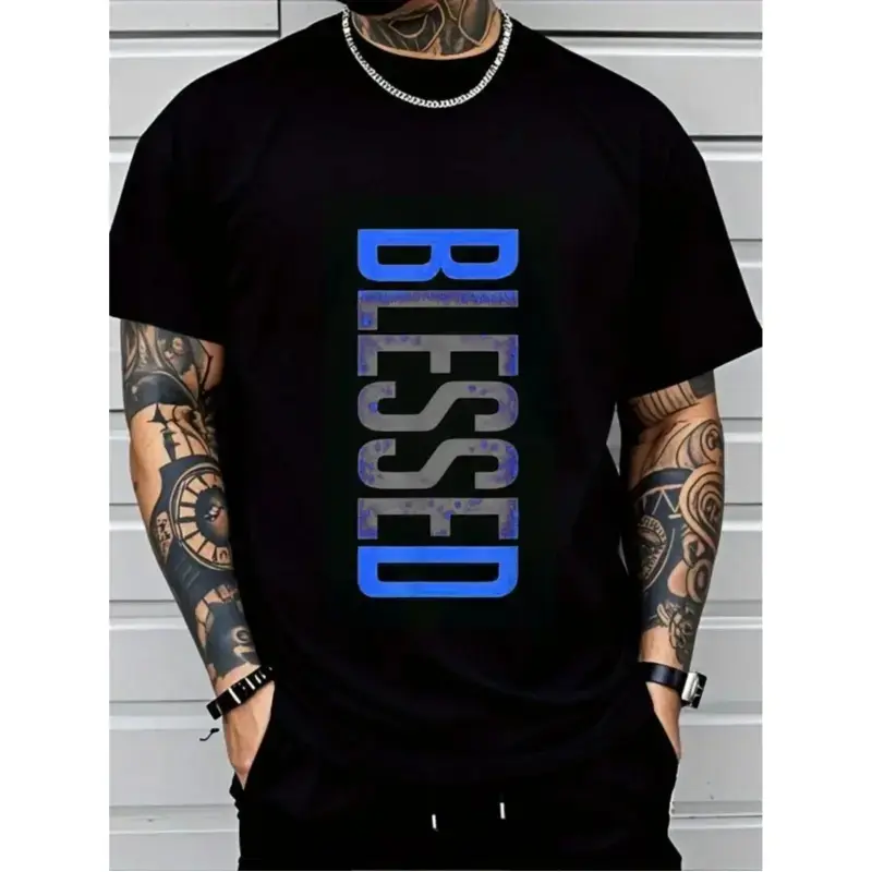 Aesthetic "BLESSED" Graphic T-Shirt | Premium  Cotton Heavyweight Tee | Men's Plus Size Religious Faith Apparel | Retro Blue Gradient Typography Top | Soft Breathable Casual Streetwear Giftunisex wide-shoulder fit
