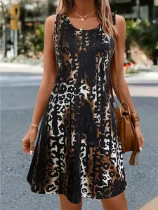 Women's sleeveless leopard-print Chic elegant casual dress made of knit fabric; suitable for summer, the beach, the office, and everyday wear; made of opaque fabric with a round neckline