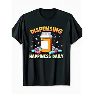 Pharmacy Technician Gift - Funny Pharm Tech Apparel with "Dispensing Happiness Daily" Slogan - Black Pharmacy Shirt Featuring Pill Bottle Graphic - Soft Breathable Cotton Tee for Pharmacy Techs, Nurses, Students - Machine Tshirt Casual Crewneck