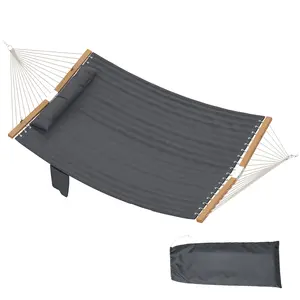 Outdoor Hammock 2-Person With Pillow & Pad – Extra-Wide For Two. Anti-Tip Beechwood Spreader Bars. 440 Lbs Capacity For Yard Or Patio, Gray