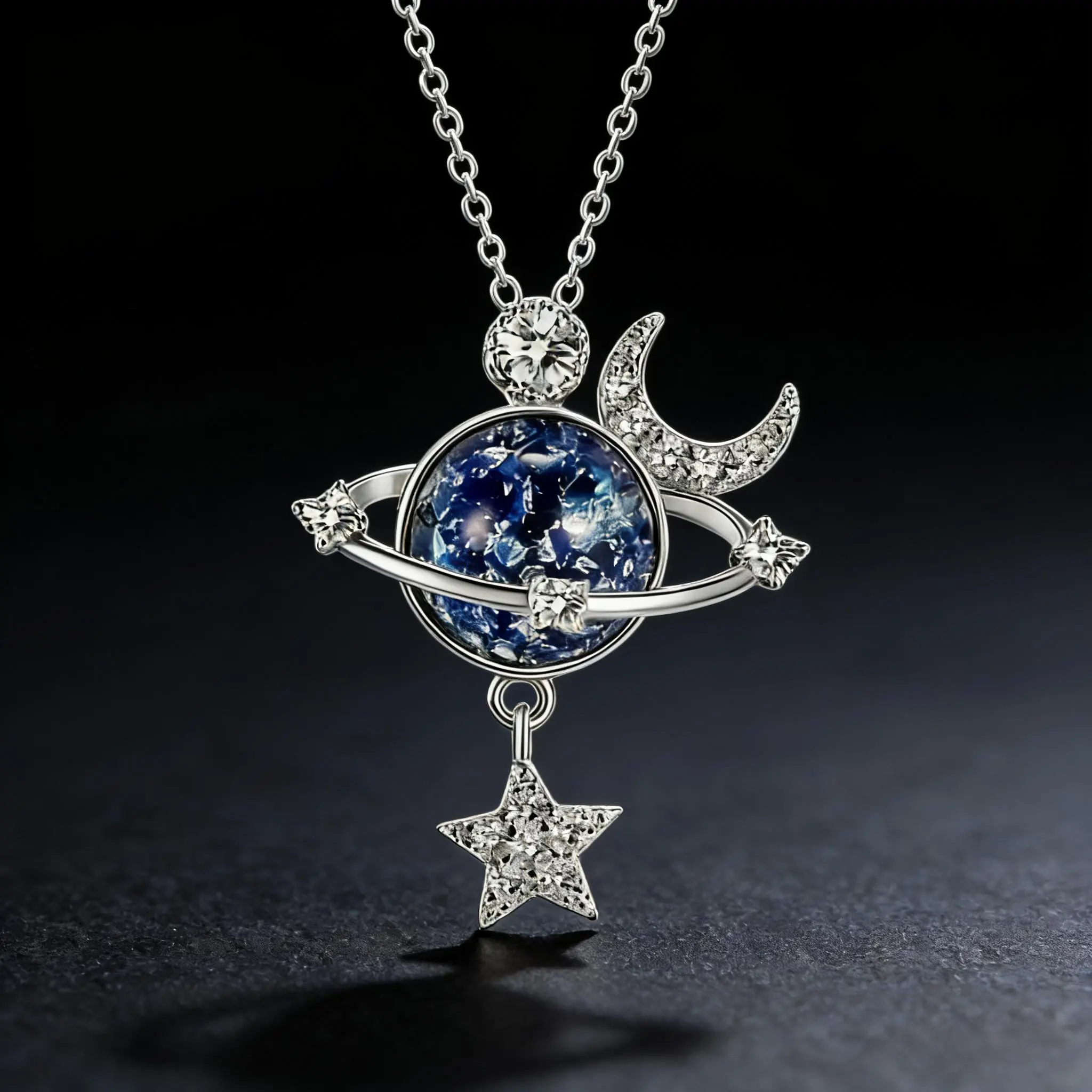 Elegant Saturn Necklace for Daughter, Silver Plated Celestial Pendant with Moon and Star, Birthday Graduation Gift with Message Card, Moon, Star, And Saturn, Female, Galaxy, Gift Box, Mini Gift Sets