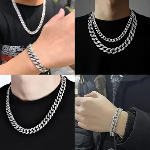 Cuban Link Chain for Men,Silver Necklace and Bracelet,Miami Cuban Chains,Bling Diamond Chain for Hip Hop Jewelry
