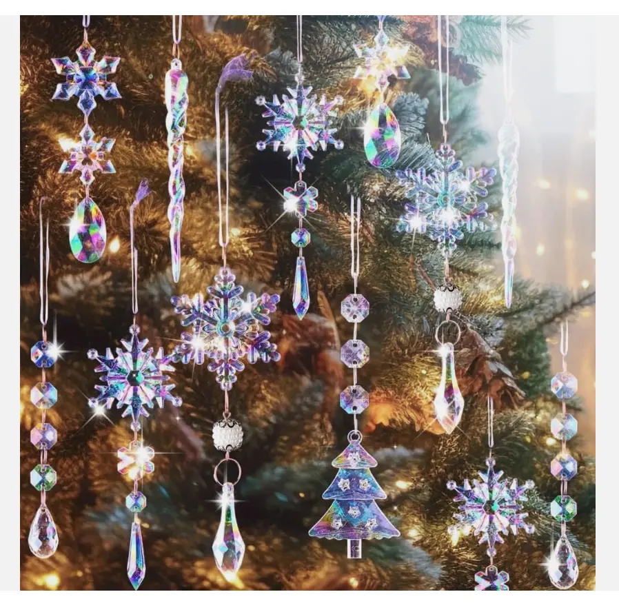 12pcs Iridescent Crystal Christmas Ornament Set - Elegant Hanging Snowflake, Tree Shapes for Festive Tree Decor, Home Festive Supplies