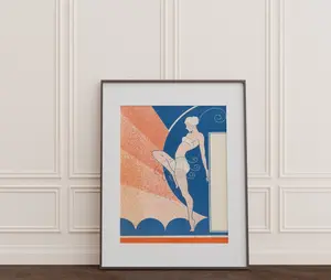 [SALE UP TO 40%] [Unframed] 1930s Showgirl Vintage Art Print, Blue Orange Antique Flapper Dancing Graphic Illustration Wall Art Print Woman Artwor