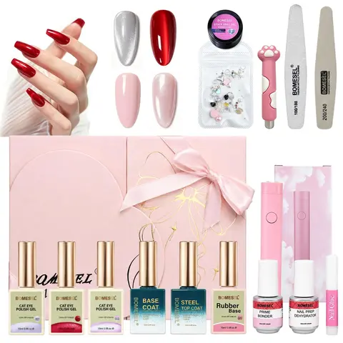 Women's UV Curing Nail Care Kit for Beginners - 3 Popular Shades, Base Coat Gel Polish, Basic Tools, Rhinestones, Cosmetic Gift Box, Removable Gel, Glossy Nails for All-Season At-Home Manicure