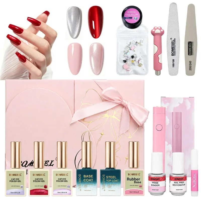 Women's UV Curing Nail Care Kit for Beginners - 3 Popular Shades, Base Coat Gel Polish, Basic Tools, Rhinestones, Cosmetic Gift Box, Removable Gel, Glossy Nails for All-Season At-Home Manicure