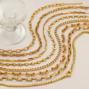 18K Gold Plated Stainless Steel DIY Chain Necklaces - Various Styles (Cuban, Paperclip, Twist, Heart, Beaded) - Chains Only (No Pendants Included)