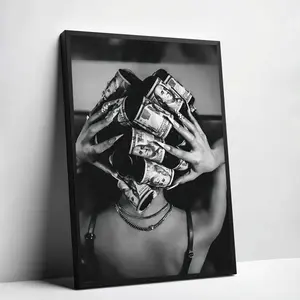 Woman with Money Poster, Stylish Black and White Fashion Art, Money Poster, Money Hair Rollers Black Woman Wall Decor, Home Bedroom Office Decor