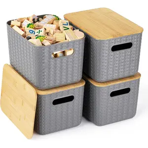 4 Packs Storage Bins with Bamboo Lids Plastic Storage Containers with Lids Stackable Storage BoxStorage Baskets for Organizing Desktop Closet Playroom Classroom OfficeGray