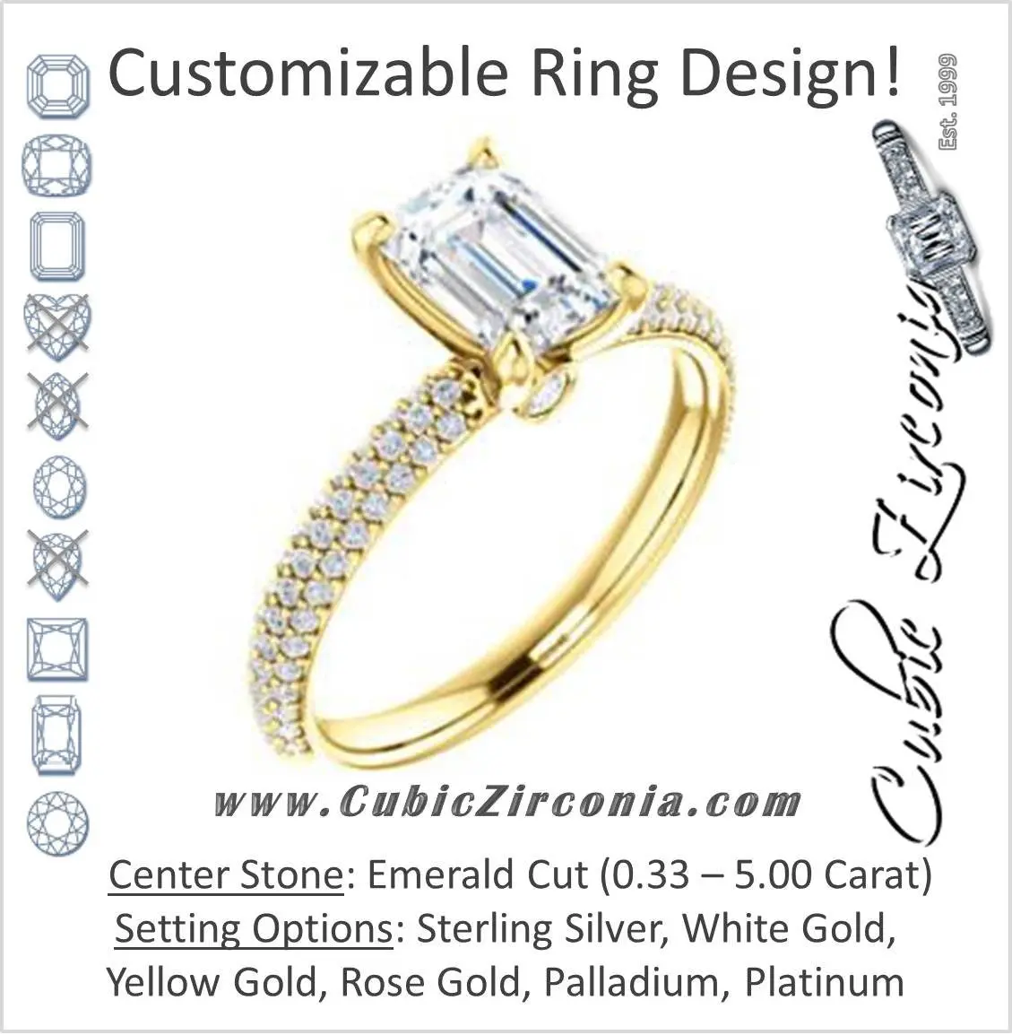 Cubic Zirconia Engagement Ring- The Merari (Customizable Emerald Cut with Three-sided Triple Pavé Band & Twin Bezel Peekaboo Accents)