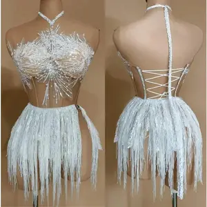 2025 Women’s Sheer Fringe Dress with Snow Pearls Backless Sexy Performance Costume Stage Singer Dance Outfit Drag Queen Wear Comfort Elegant Womenswear Clothes