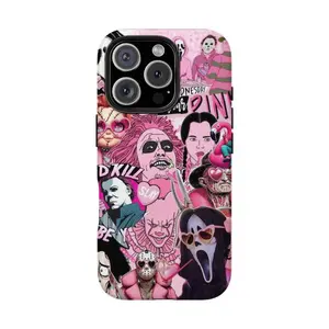 Movie Characters Collage for iPhone Case Protective Phone Cover with Unique Design Retro Horror Film Artwork Pink and Black Aesthetic Compatible with iPhone Models