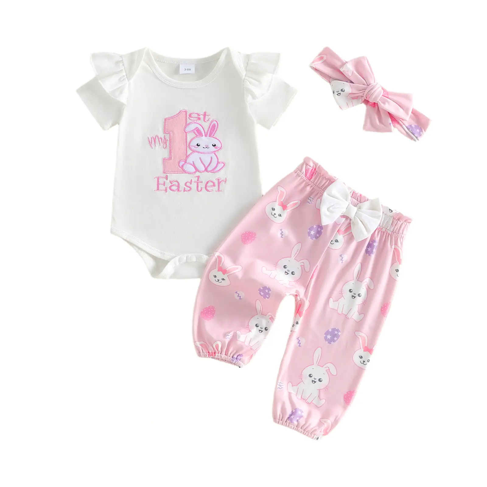 Baby Girl Easter 3-Piece Animal-Themed Outfit Set: Ruffle Short-Sleeve Bunny Romper, Long Pants, Headband (3, 6, 12, 18 Months), Animals