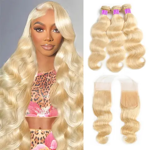 613 Blonde Body Wave Bundles With 4x4 Lace Closure Brazilian Human Hair Bundles With Closure Free Part 100g per Bundle