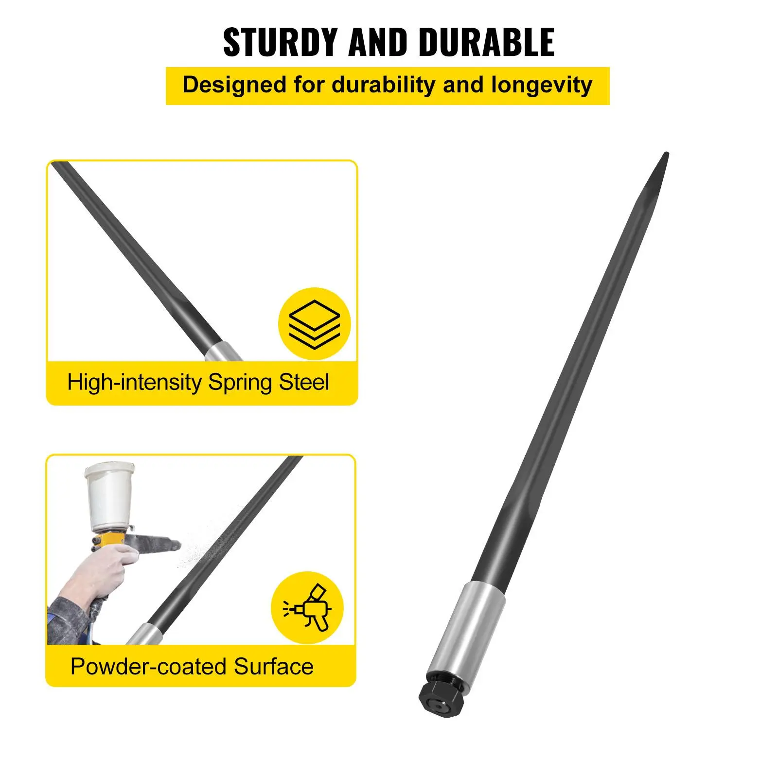 【Summerfinds】VEVOR Hay Spear 39\" Bale Spear 3600 lbs Capacity, Bale Spike Quick Attach Square Hay Bale Spears 1 3/4\", Black Coated Bale Forks, Bale Hay Spike with Hex Nut and Sleeve for Buckets Tractors Loaders