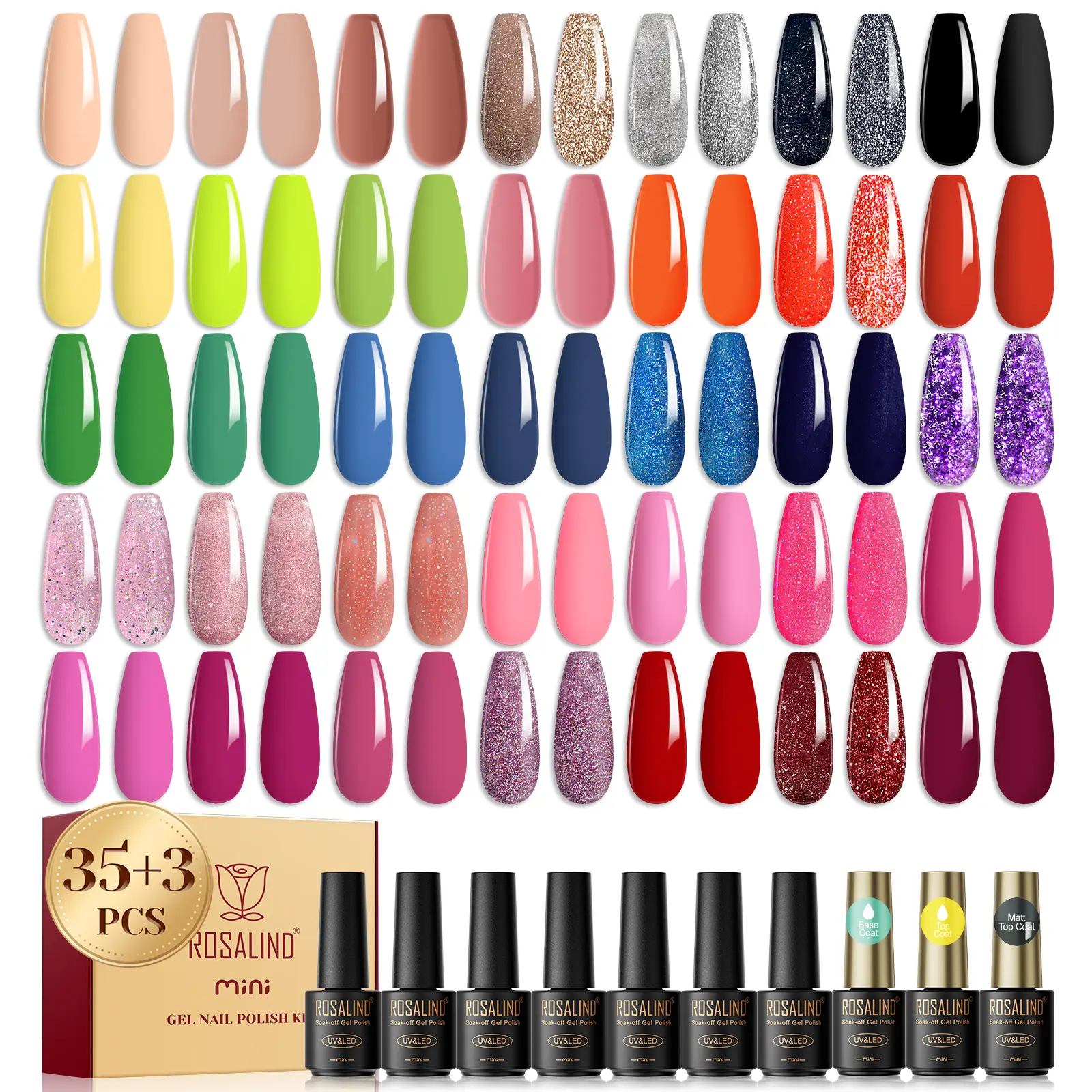 ROSALIND Mini 38Pcs Gel Nail Polish Set, 35Colors Gel Polish Set with Base Coat and Glossy & Matte Gel Top Coat Gel Nail Polish Starter Set Pink Red Green Blue Gel Nail Art Gifts Manicure for Women Nail Supplies