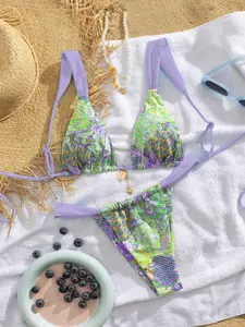 Women's Patchwork Print Bikini Set, Casual Adjustable Strap Tie Back Swim Top & Swim Bottom, Women's Swimsuit for Summer Beach Holiday Vacation, Tie Back Bikinis