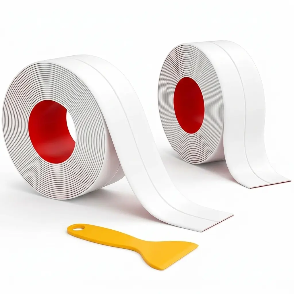 1.5x10.5ft White Waterproof Self-Adhesive PVC Gap-Filling Tape with Seal Tool, Peel Stick Countertop Caulk Sealing Tool Tape & Easy Peel-Press Corner Protector for Kitchen, Bathroom Sink Gaps