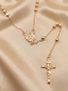 Fashion Hollow Virgin Pendant Prayer Bead Faith Necklace Cross Gold-Plated 6mm Round Bead Sacred Religious Jewelry Holiday Gift Blessings