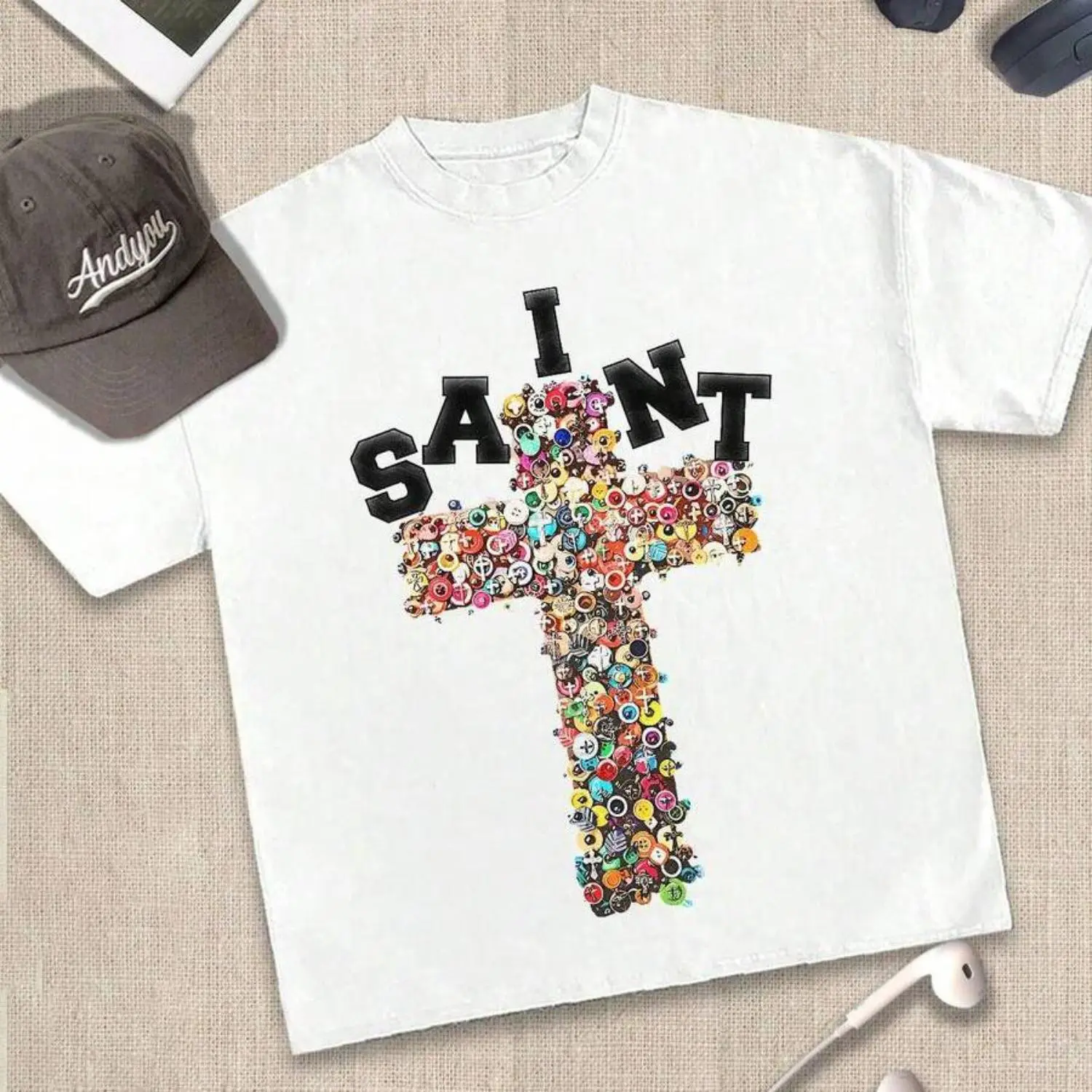 Stylish Cross Graphic Cotton T-Shirt with Colorful Bead Design for Casual Spring and Summer Wear