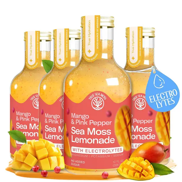 Mango Pink Pepper Sea Moss Electrolyte Lemonade – Exotic Spiced Hydration Drink – No Added Sugar with Sea Moss & Electrolytes – 4 x 12 fl oz Bottles