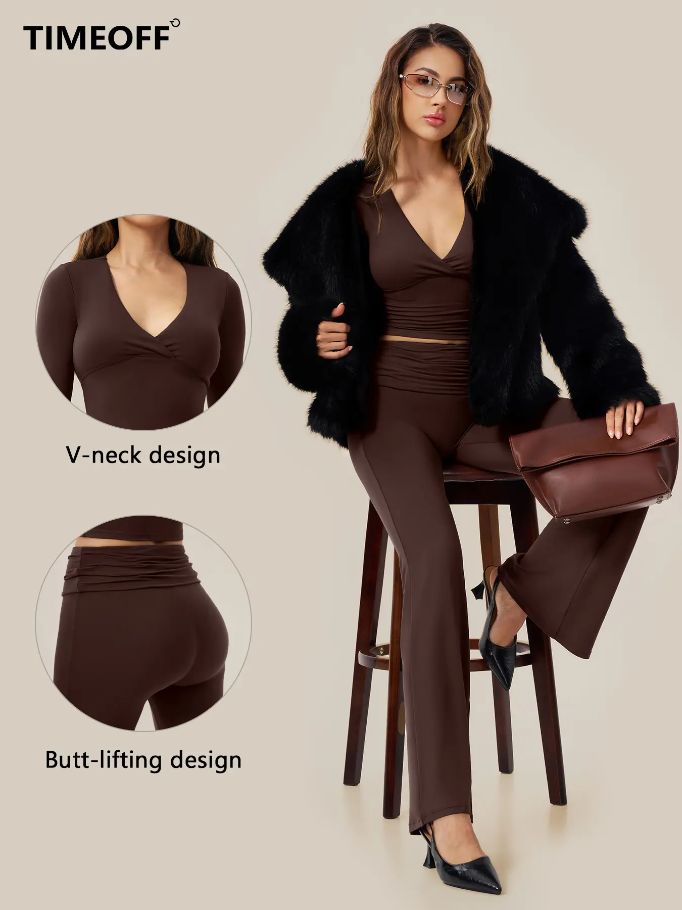 TIMEOFF Women's 2-Piece High Stretch Sporty Activewear Set - Long Sleeve Plunging V-Neck Top, Flipped Waist High-Waist Flared Leggings - Gymswear, Fitness Sport Outfits, Athleisure Wear Set for Yoga, Running, 2 Piece Sets, Workout Sets For Women, Matching