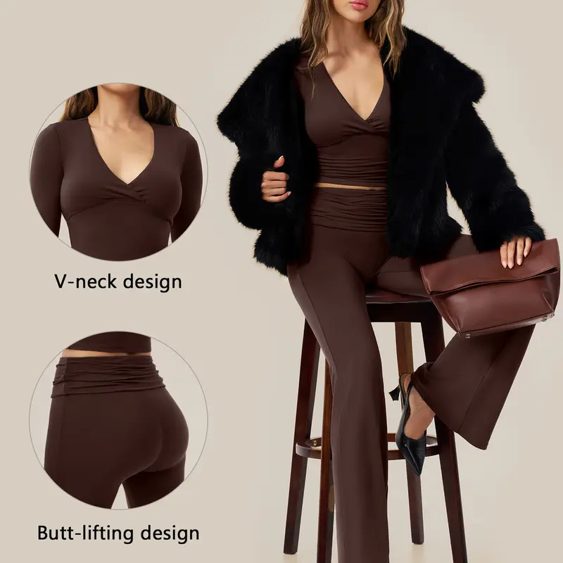 TIMEOFF Women's 2-Piece High Stretch Matching Activewear Set - Long Sleeve Plunging V-Neck Top, Flipped Waist High-Waist Flared Leggings - Gym Workout Sets, Yoga-to-Street Wear,outdoorfun