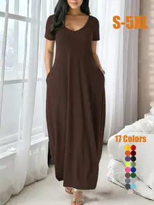 Women's Long Fitted Coffee Dress, Large Round Neck Short Sleeve Pocket Sleepwear, Casual Home Clothing Soft Fabric All Seasons Wear Plus Size(S-5XL)