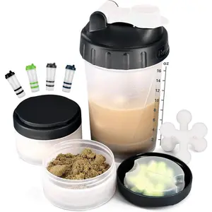 Mother's Day 15oz Protein Shaker Bottle BPA-Free with Mixing Ball 2 Storage Jars Measurement Markers for Gym Supplements Pre-Workout Travel Essentials