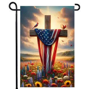 God Bless America 12'x18' July 4th Independence Day Garden Flag, Religious Cross for Yard, Outdoor American Memorial Day Decorations, 1 pc