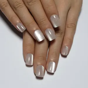 Nude Press On Nails Square, Cat Eye Press On Nails Short Fake Nails with Color-Shifting Glow, Reusable Stick On Nails, 15 Sizes - 30 Nail Kit with Glue, Natural Glue On Nail for Women, Silken Glow