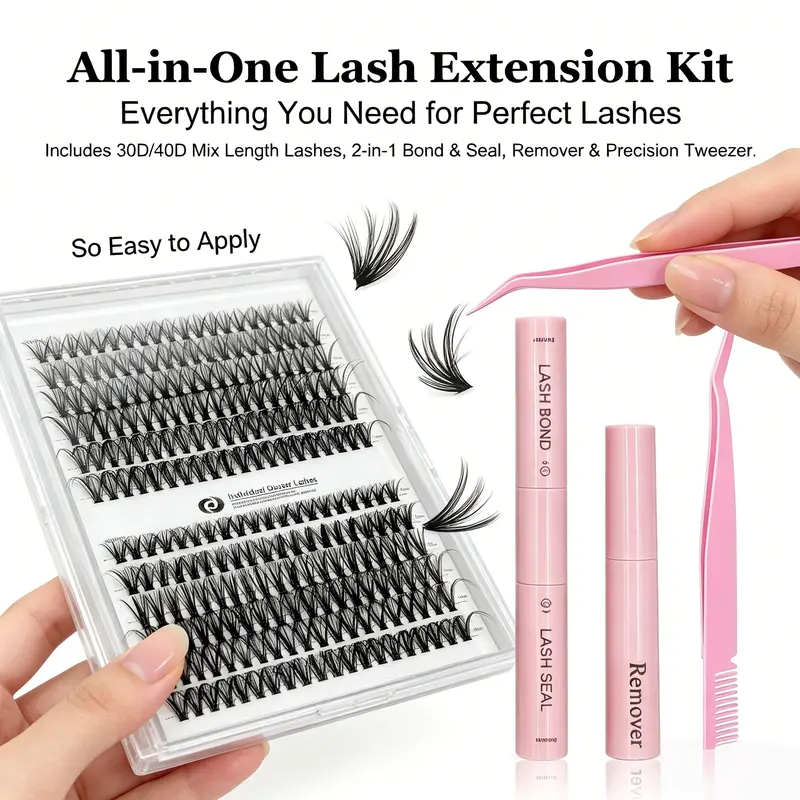 Lash Cluster DIY Eyelash Extensions Accessories Kit - 240PCS 9-16mm Thin Lashes with Waterproof Glue, Seal, Curler for Natural Look Cosmetics Beauty & Personal Care Makeup