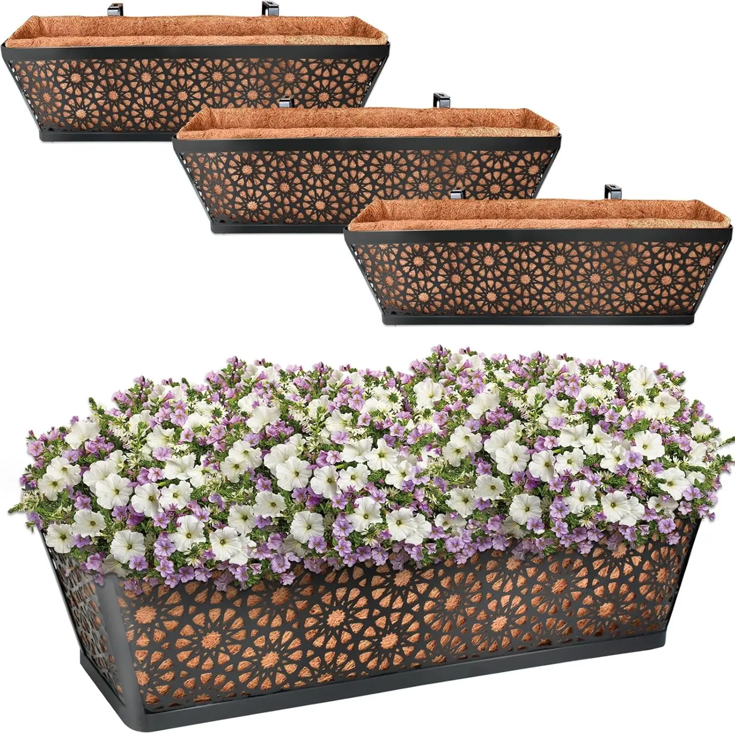 4-Pack 24in Metal Frame Window Flower Boxes with Coco Liner - Heavy Duty 4-Piece Outdoor Decor, Railing Planters for Windowsill, Deck, Fence, Four Pieces