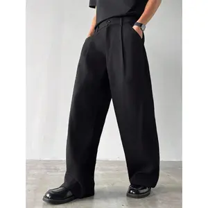 Men'sThickerWideLegPleatedTrousersWithPockets,AutumnCasualFabric