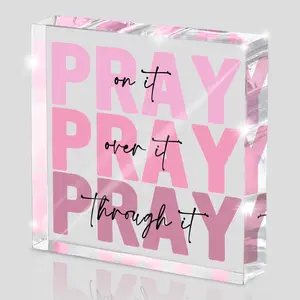 Inspirational Prayer Decor Gift for Women, Pink Bible Verse Desk Decor, Office Desk Accessory and Positive Christian Decor Sign for Mantel or Dorm Room with “Pray On It, Over It, Through It” Quote, Plaque Gift