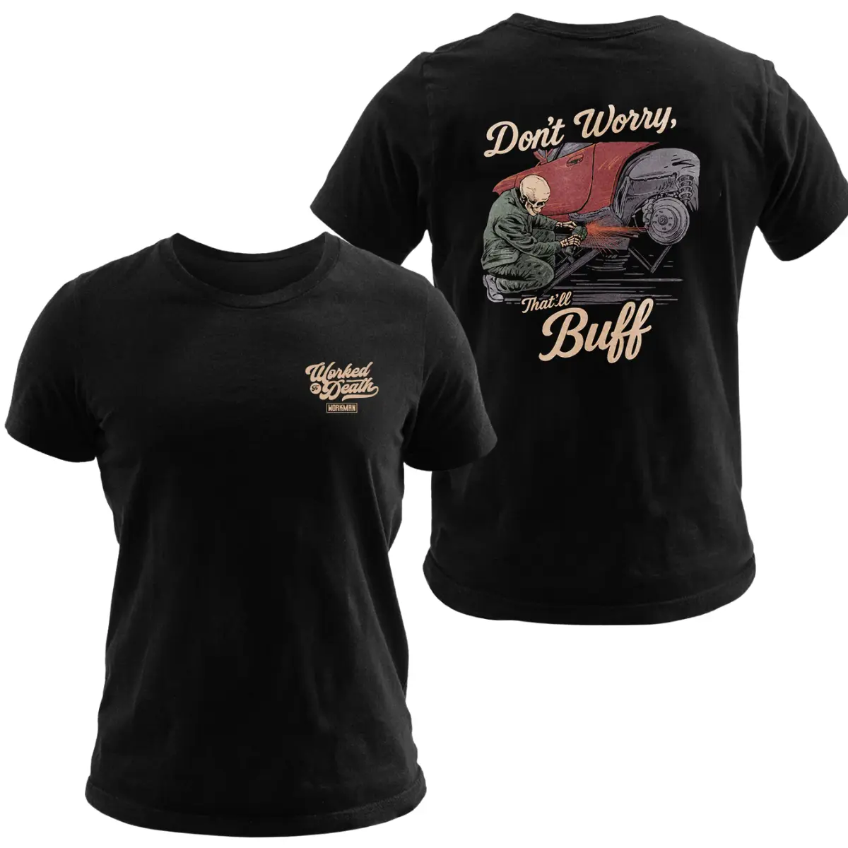 Auto Mechanic Shirt, Dont Worry Thatll Buff Car Body Repair Graphic Tee, Soft Cotton Blend Shirt, Funny Automotive Painter Apparel for Men, Garage Workman Gift