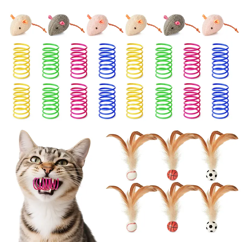 Potaroma 28PCS Universal Indoor Cat Interactive Toys Pack - Chew-Resistant Rubber Mice, Quiet Rubber Balls for Calm Rooms, Feather Bouncy Balls, Bright Spiral Springs, Felt Features, Rounded Edges, Sparks Play, Burns Energy, Kitten Starter Supplies