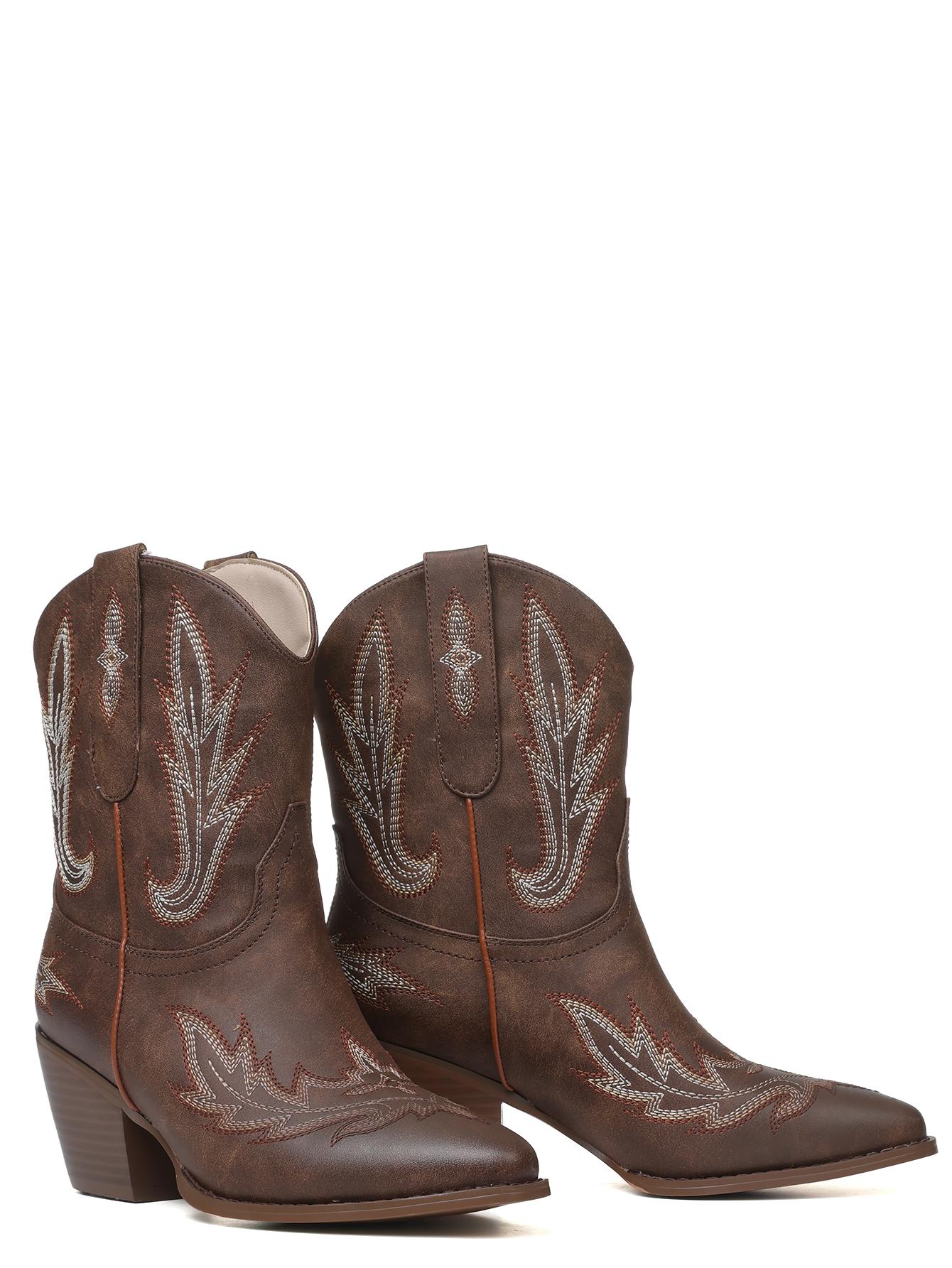 CELNEPHO Women Cowboy Boots Pointed Toe Block Heel Ankle Booties Western Embroidered Design Easy Pull on Tabs Cowgirl Boot Gift Horse Ridding Country Wedding Dress Shoes