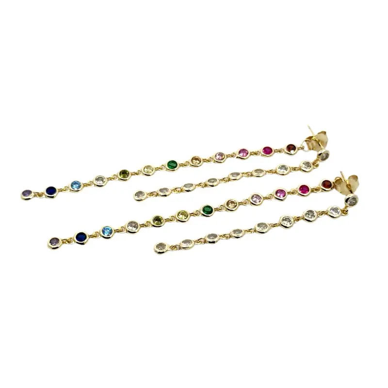 Women's Dainty Sterling Silver Ear Studs with Multicolored Beads Dangle Chain, Elegant Versatile Costume Jewelry for a Vibrant Touch, High Quality Earrings, Adults, Crafted, Fashion Enthusiasts