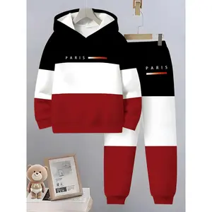 Boys Fashion Colorblock Letter Pattern 3D Printed Hoodie Set, Long Sleeve Sports Wear, Spring Fall Winter Outdoor Hoodies