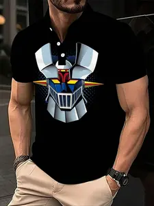 Men's Casual Polo Shirt, 3D Knight Print Design, Polyester Fabric, Fitted Style, All Season Wear, Button Details