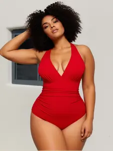 Women’s plus-size red tummy control one-piece swimsuit, halter ruched bathing suit, modest swimwear for curvy figures