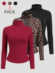 Women's Elegant Simple High Neck Turtleneck Long Sleeve T-Shirt Set, Leopard, Fitted Casual Top, All Seasons Wear