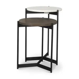 HomeRoots Modern Wood Round Nested Tables - Set of 2, Brown/White/Black Marble, Solid Wood & Metal Construction, Versatile Nightstand Table, Modern Wood Table