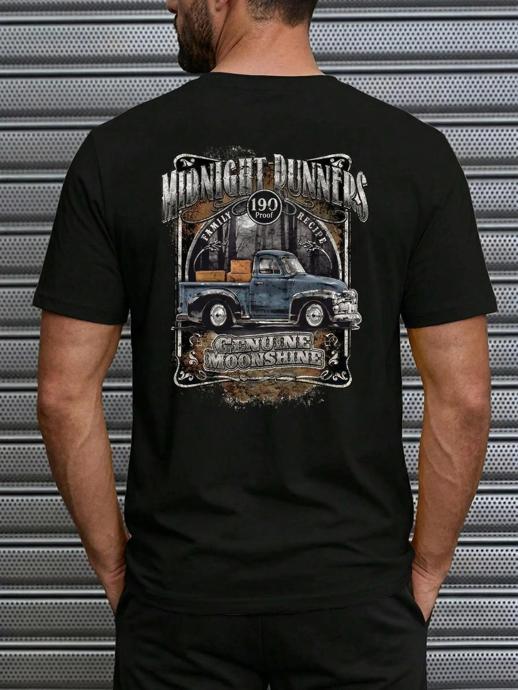 Men's Vintage Truck Genuine Moonshine Graphic Unisex Tshirt, Menswear Short Sleeve Round Neck Soft Tee with Midnight Runner Back Print, Casual Southern Outlaw Country Father's Day Clothing